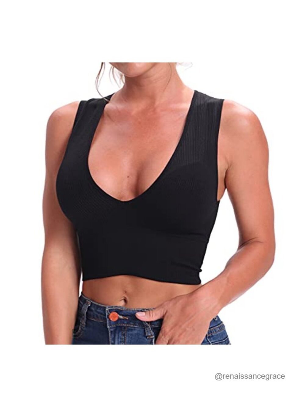 Seamless Ribbed Crop Top Deep Plunge V Neck Sleeveless Tank with Pads